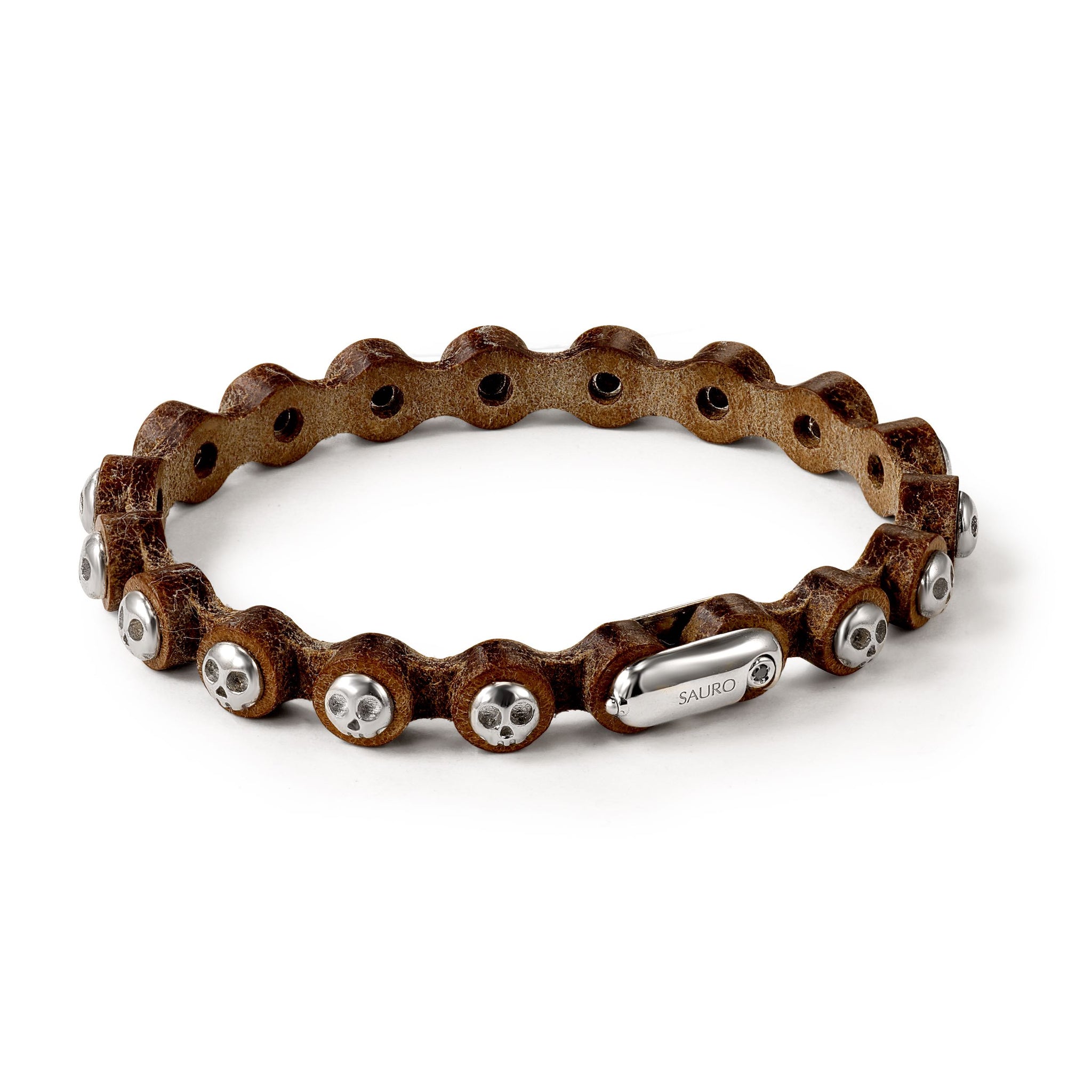Pirata Brown Leather Bracelet with Silver Skulls – Sauro Jewelry